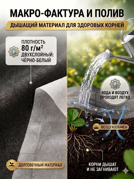 Укрывной материал Грядка в порядке для клубники и овощей с УФ стабилизатором бело-черный мульчирующий 80 г/м2, 1,6 х 5 м Благодатное Земледелие